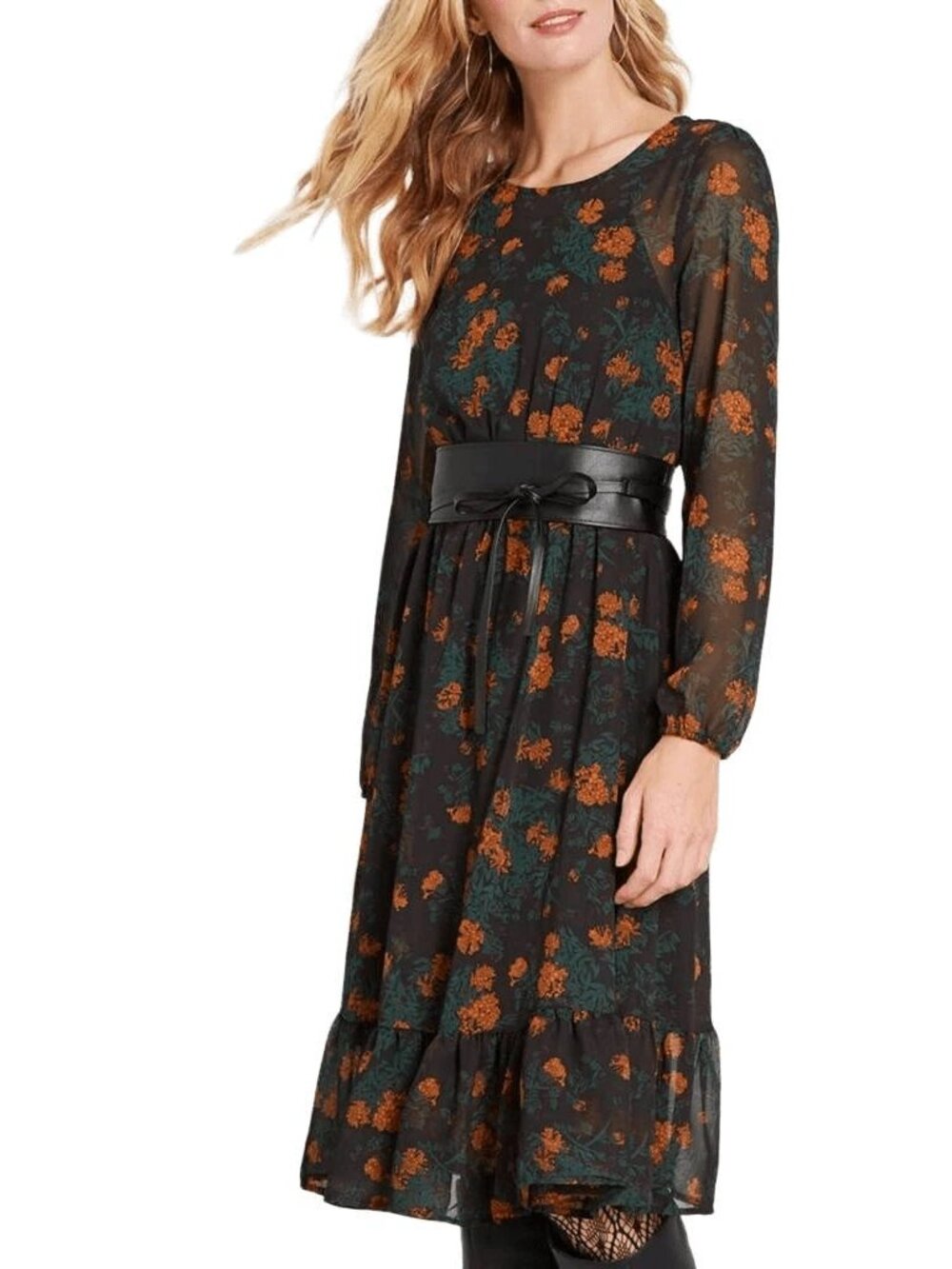 Modcloth Black Orange Floral Chiffon Midi Dress